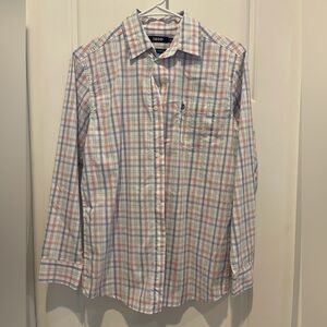 Izod Men's White Plaid Dress Shirt with Blue & Red Stripes